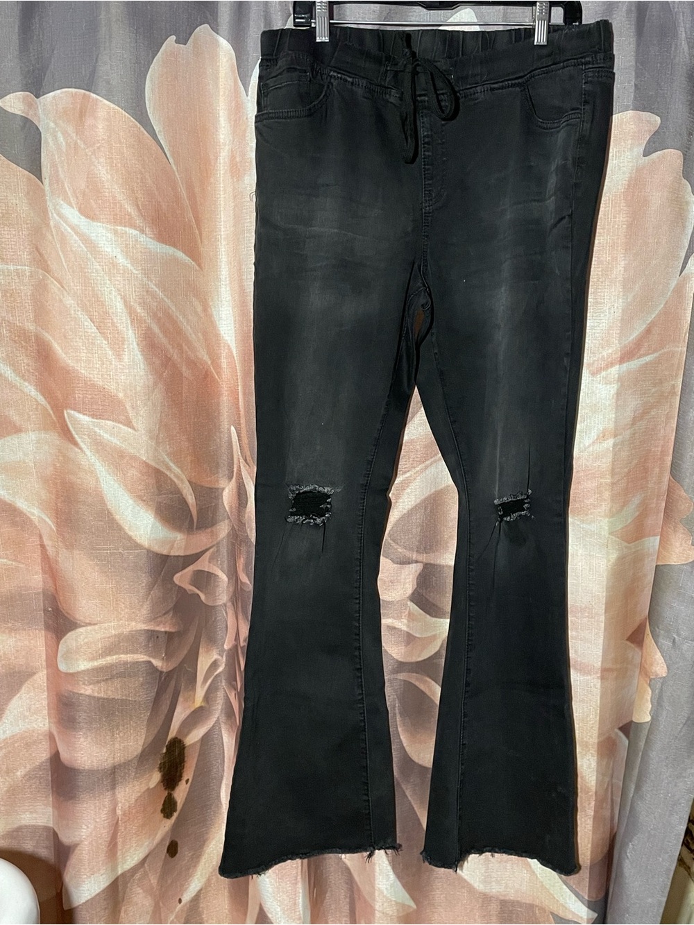 YMI Black Distressed Flare Jeans with Drawstring Waist Tummy control